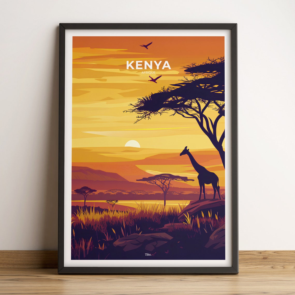 Kenya Africa Giraffe Sunset Savanna Silhouette Travel Poster