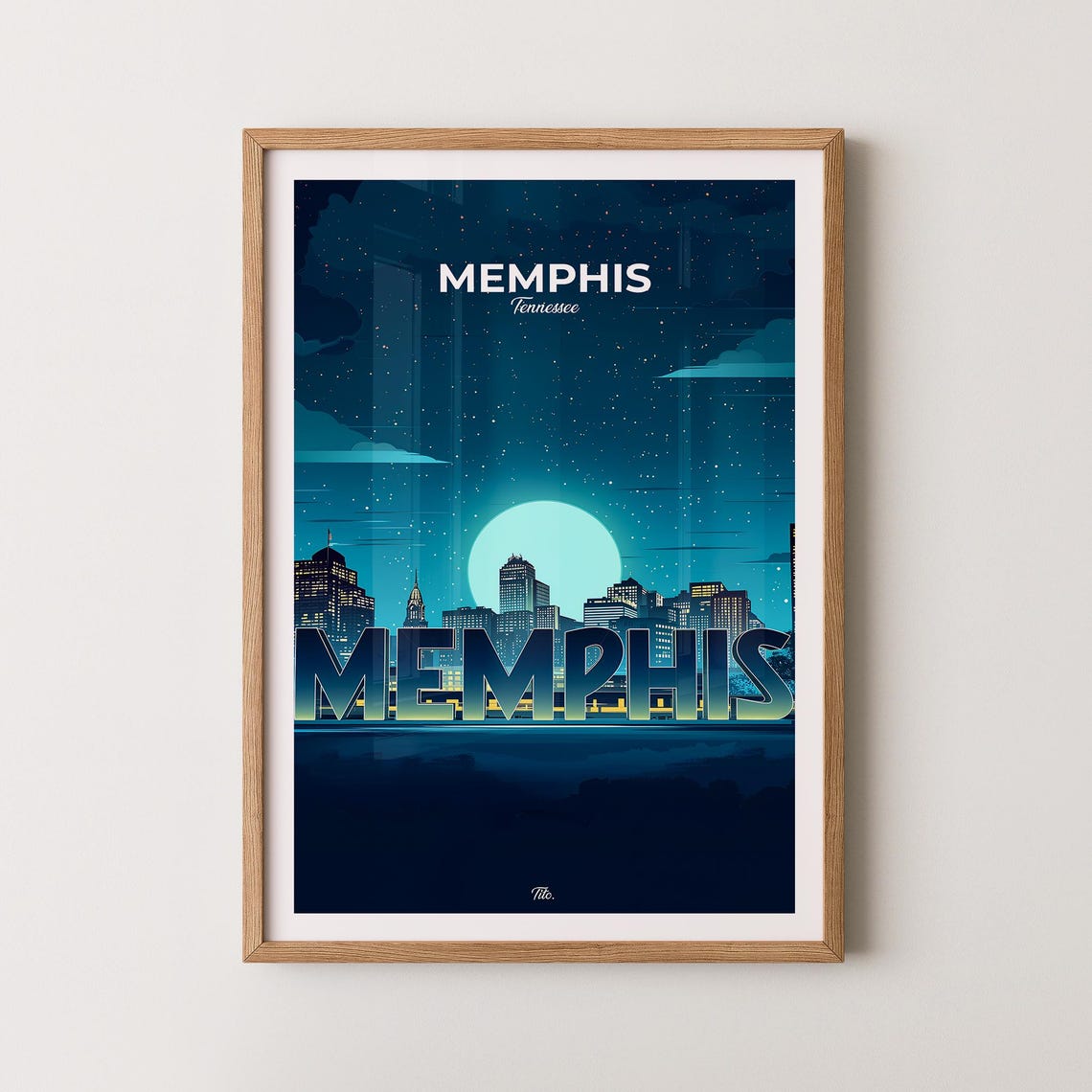 Memphis Tennessee Night Skyline Moonlight Vintage Travel Poster Art