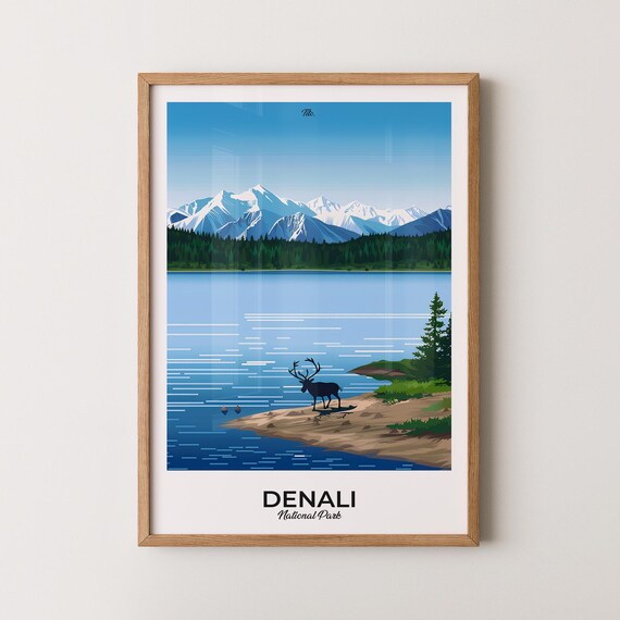 Denali National Park Majestic Snow Mountains Wildlife Lake View Poster