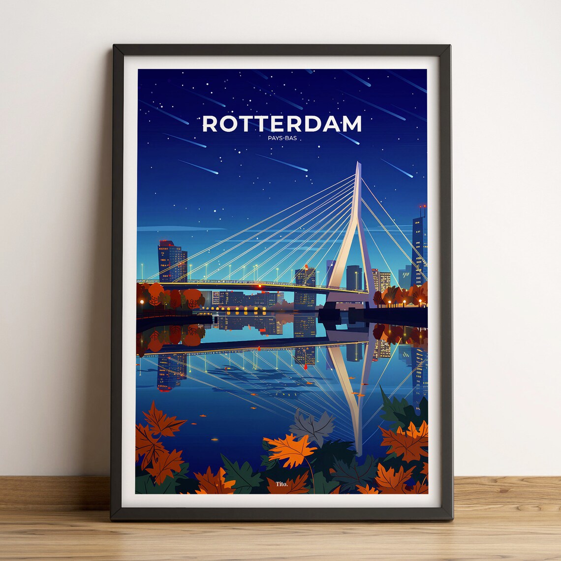 Rotterdam Netherlands Erasmus Bridge Night Skyline Travel Poster