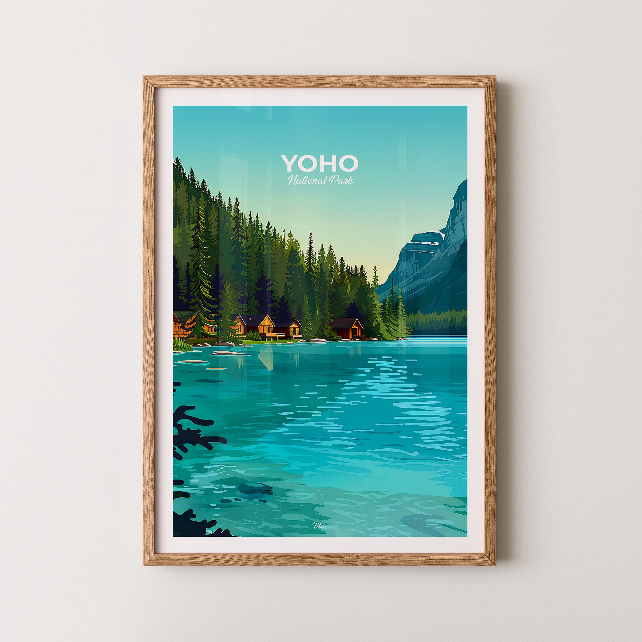 Yoho National Park Glowing Turquoise Lake Shore Cabins Mountain Poster