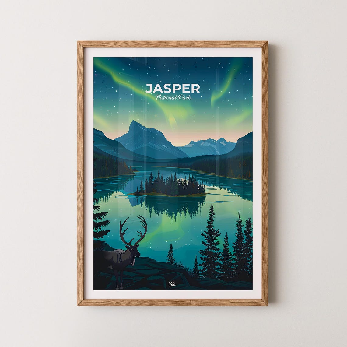 Jasper National Park Night Aurora Northern Lights Elk Wildlife Poster