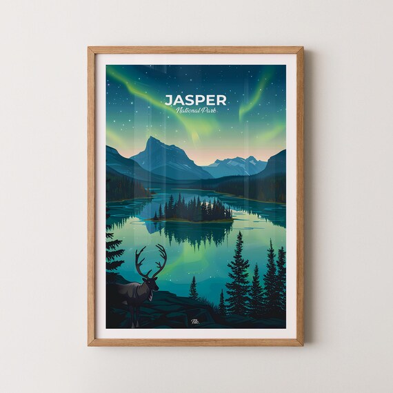 Jasper National Park Night Aurora Northern Lights Elk Wildlife Poster