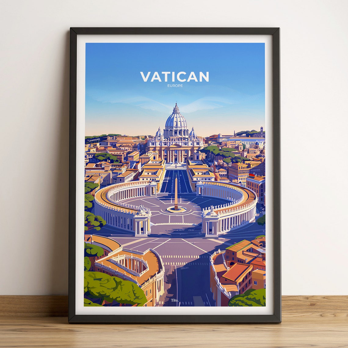 Vatican City St Peters Square Bright Blue Sky Retro Travel Poster