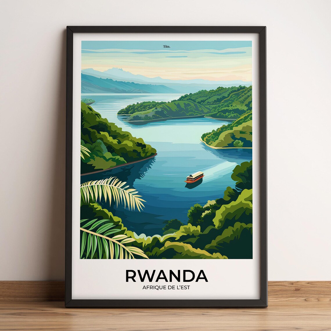 Rwanda East Africa Green Lake Boat Scene Travel Poster Decor
