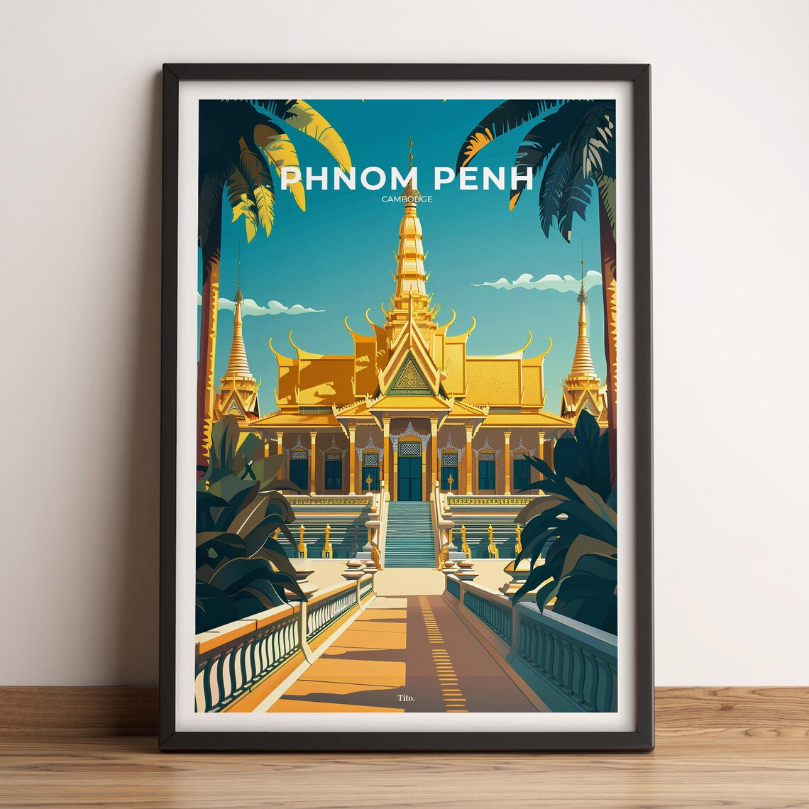 Phnom Penh Cambodia Royal Palace Golden Temple Retro Travel Poster