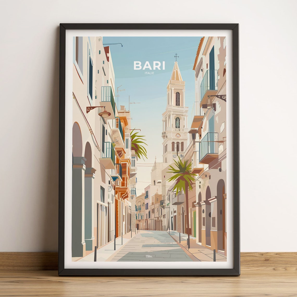 Bari Italy Historic Street Cathedral Tower Travel Poster Decor