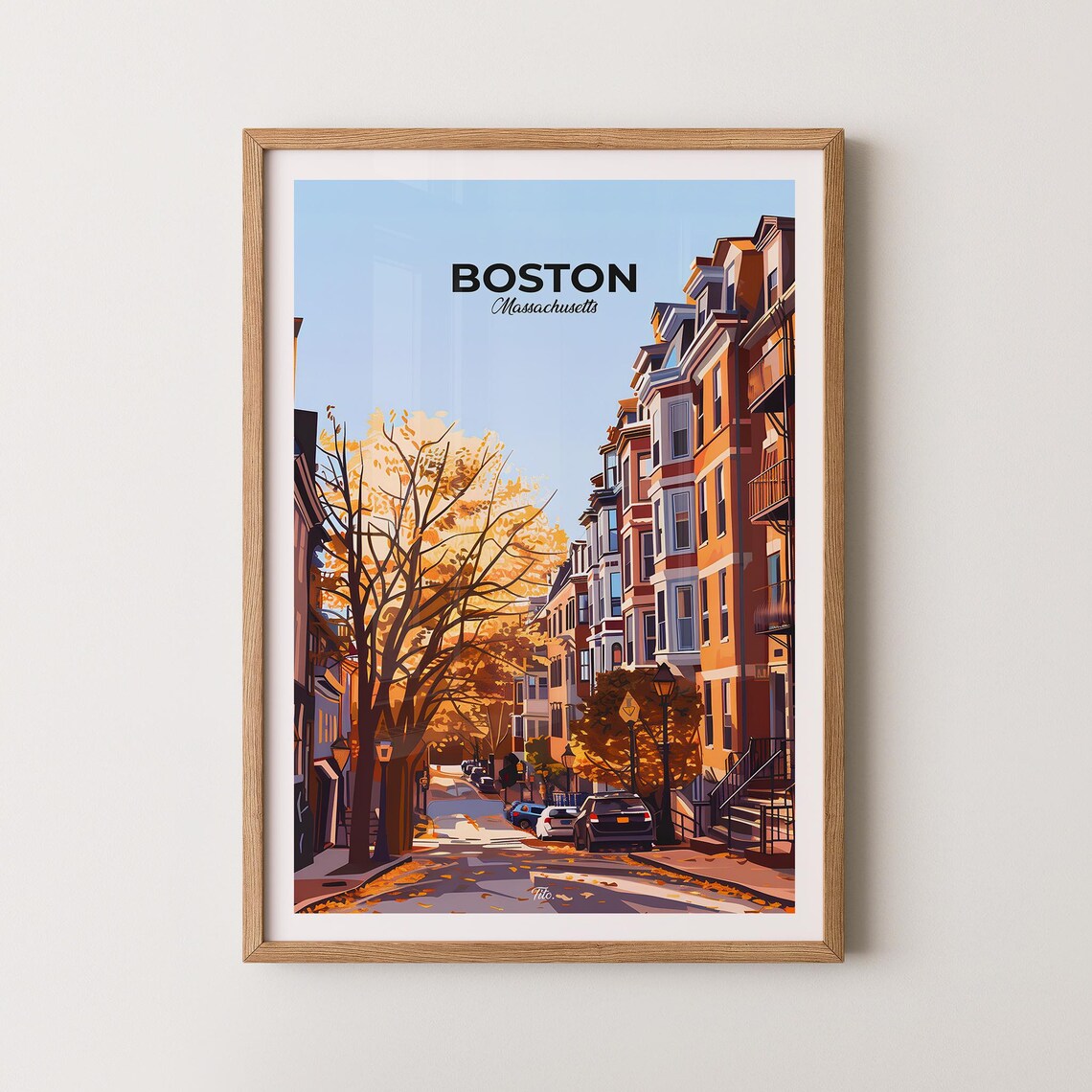 Boston Massachusetts Autumn Street Brownstone Travel Art Poster