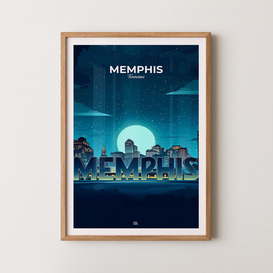 Memphis Tennessee Skyline Travel Poster Moon Night Cityscape Art