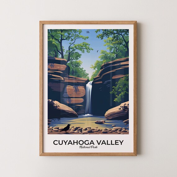Cuyahoga Valley Ohio Travel Poster Forest Waterfall Crow Scene