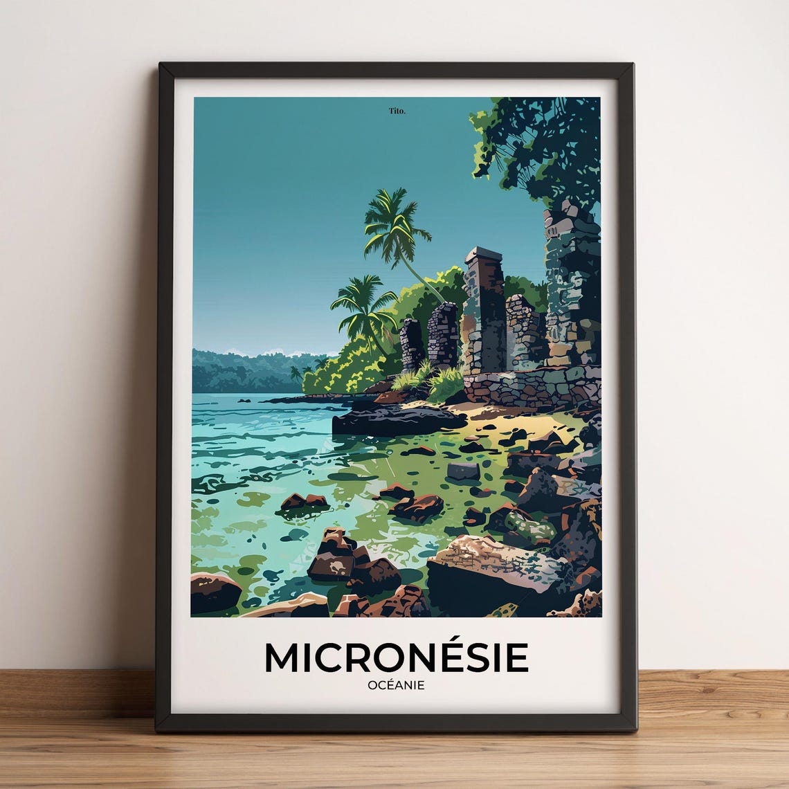Micronesia Ancient Stone Ruins Palm Lagoon Retro Travel Poster