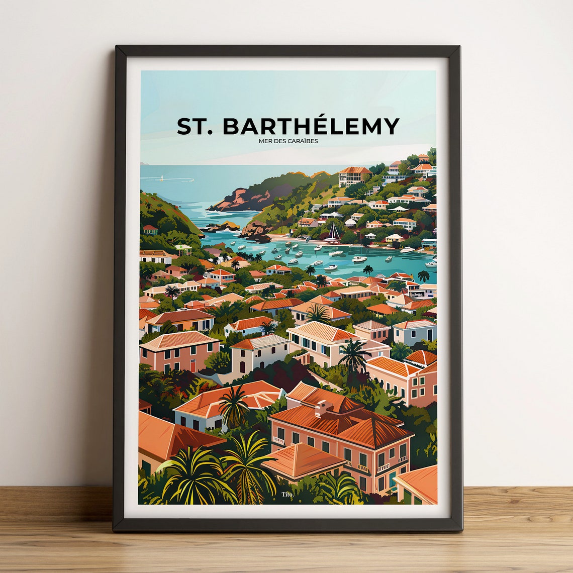 Saint Barthelemy Caribbean Gustavia Harbor Sailboats Retro Poster