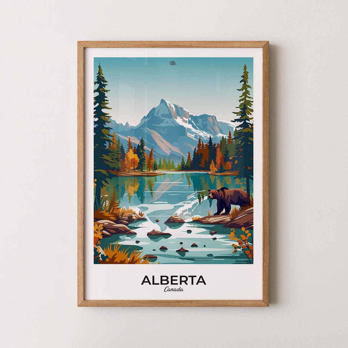 Alberta Canada Alpine Lake Bear Snowy Peak Fall Forest Travel Poster