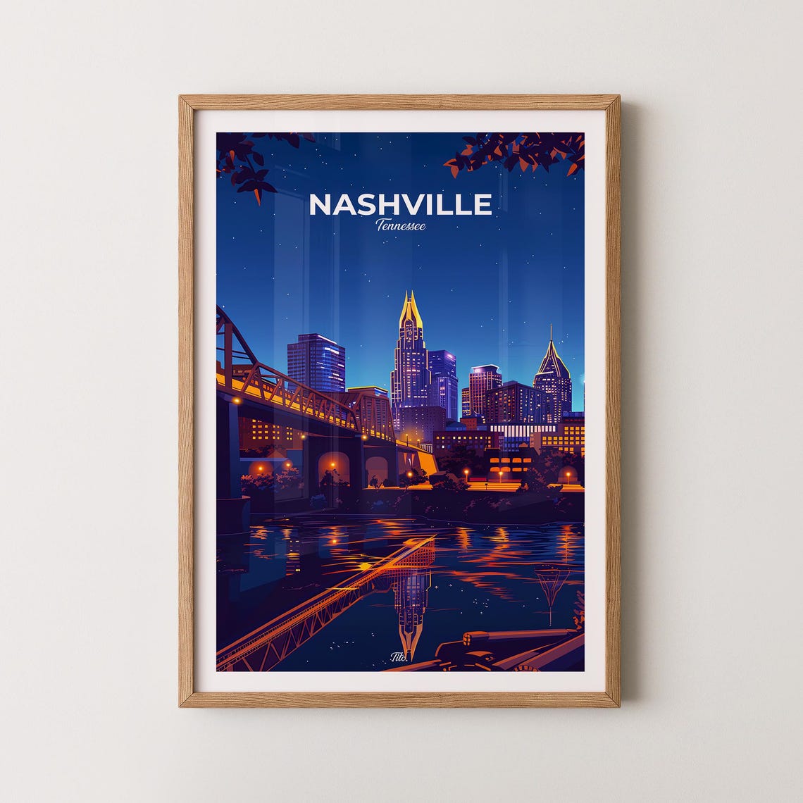 Nashville Tennessee Downtown Night Skyline River Travel Poster