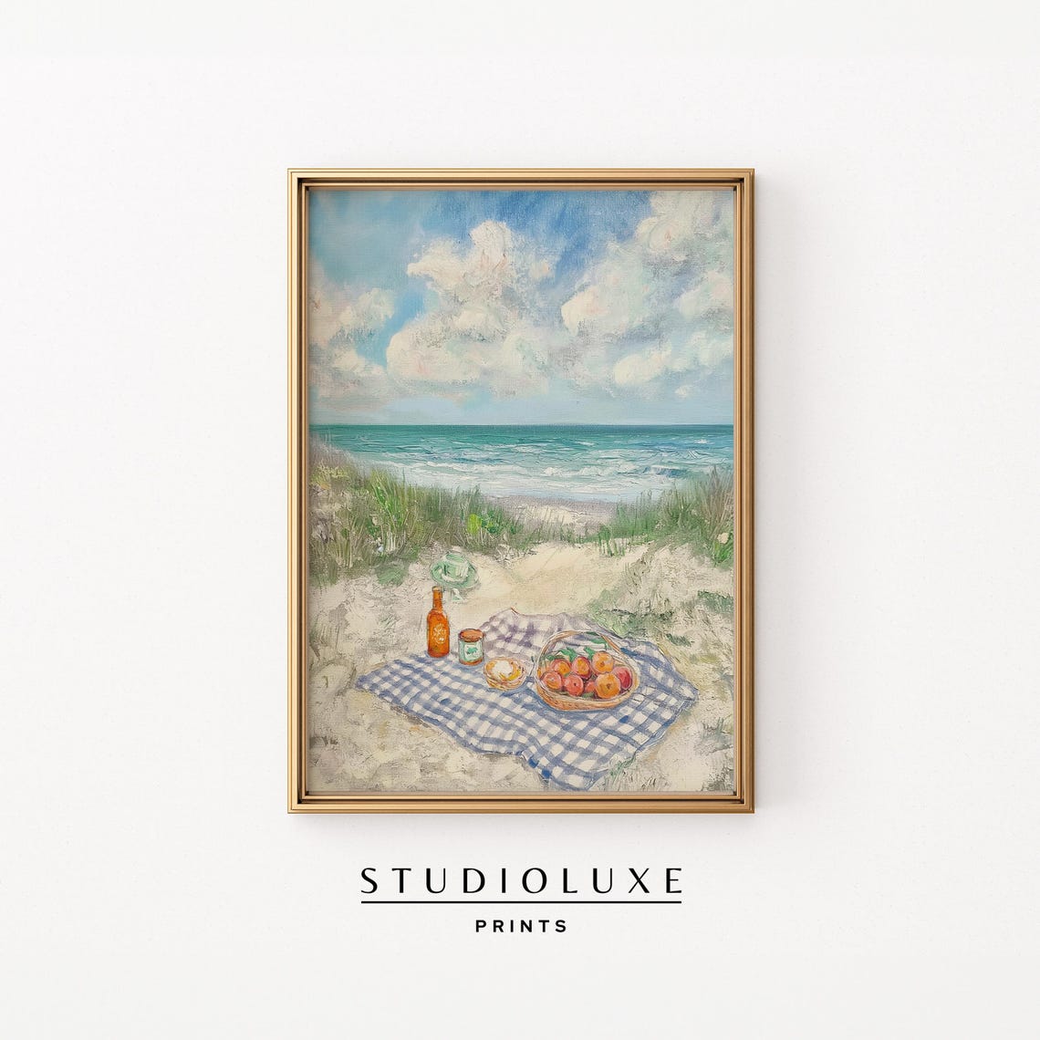 Coastal Picnic on Sand Dunes with Gingham Blanket Scene Poster