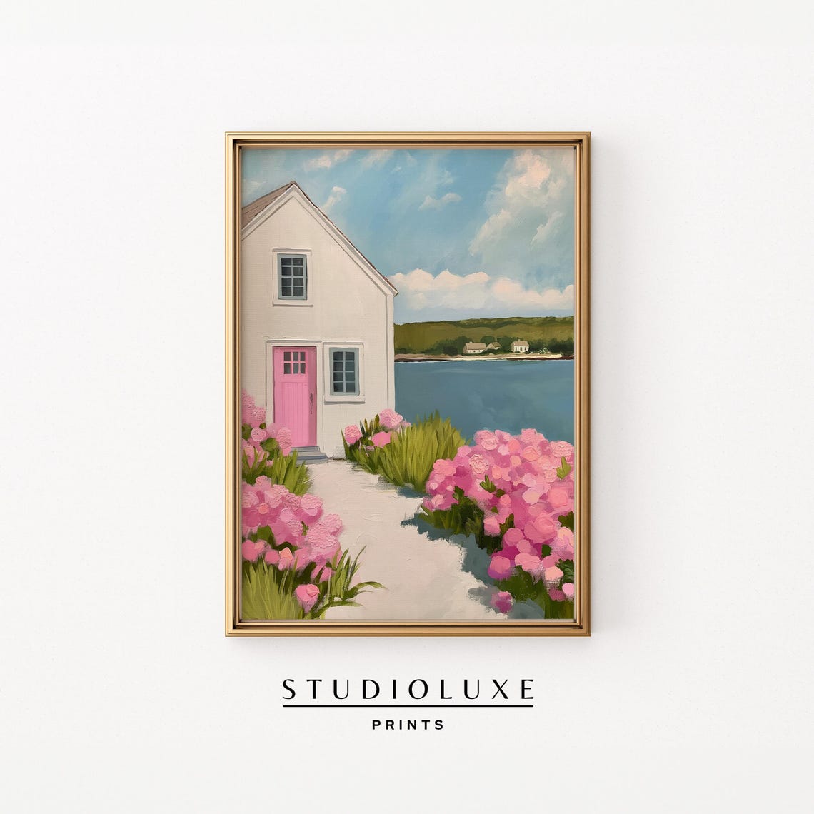 Coastal Cottage With Pink Door And Hydrangeas By The Water Poster