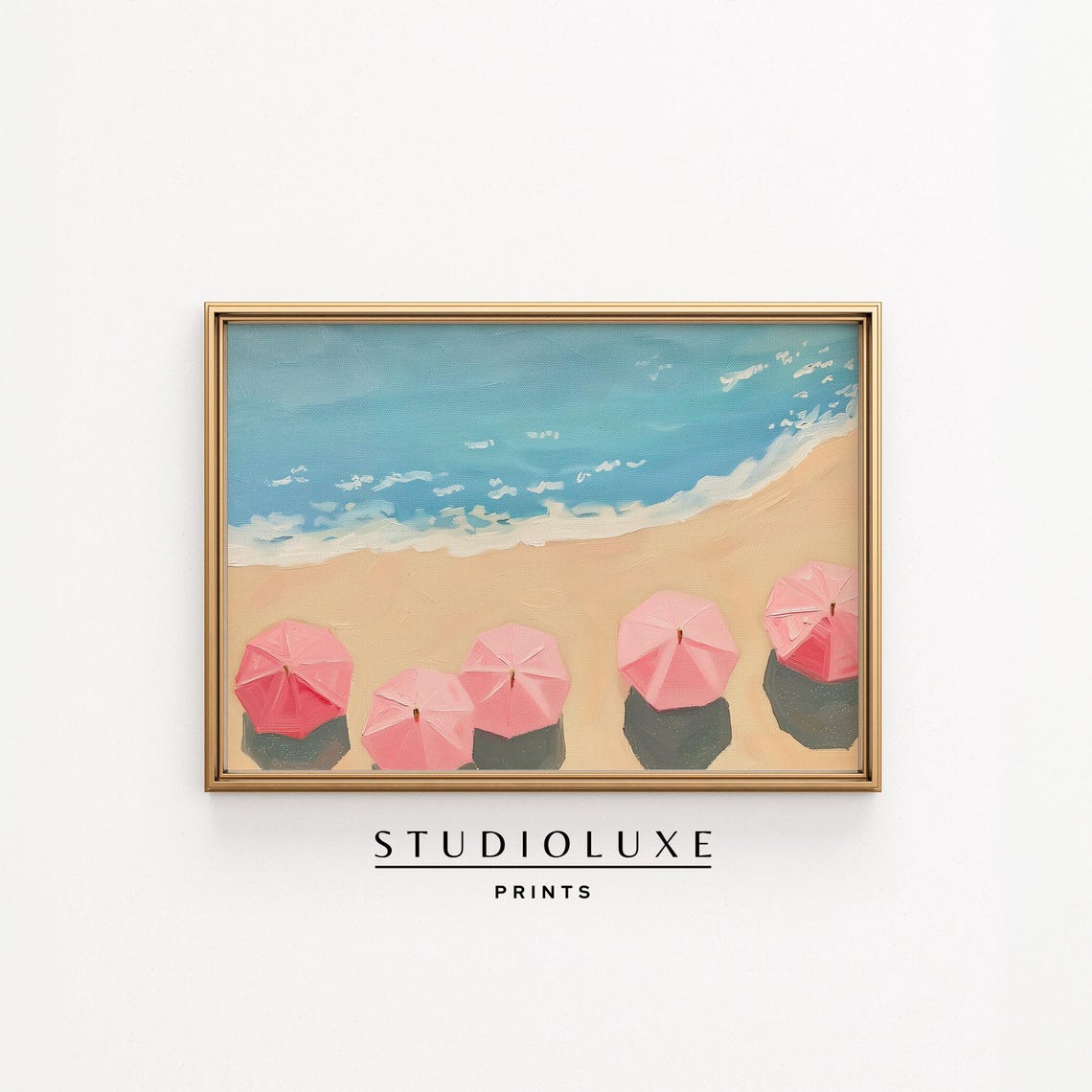 Pink Beach Umbrellas Aerial View Sandy Shore Summer Art Poster