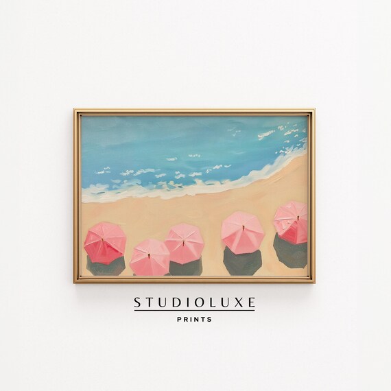 Pink Beach Umbrellas Aerial View Sandy Shore Summer Art Poster
