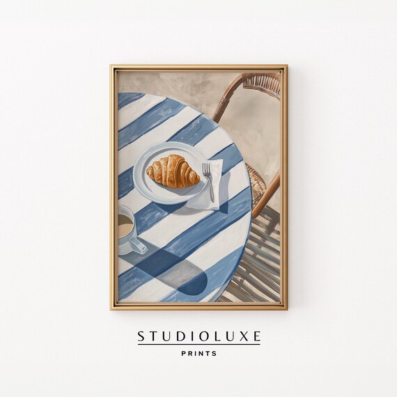 Croissant And Coffee Overhead Table Blue Striped Cafe Breakfast Art Poster