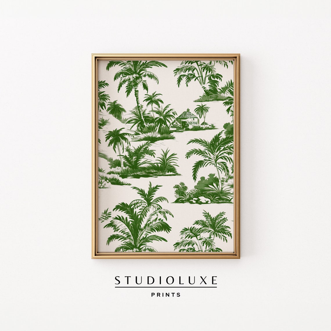 Green Toile Palm Tree and Island Pavilion Pattern Wallpaper Poster