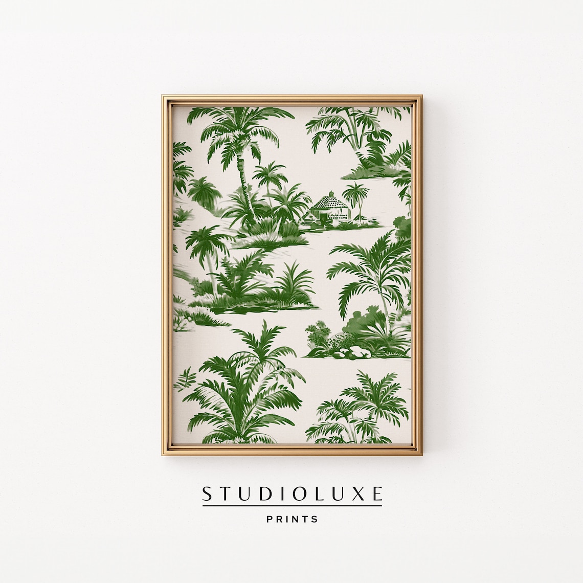 Vintage Toile Pattern Green Wall Art Tropical Beachy Palm Orleans Print Chinoiserie