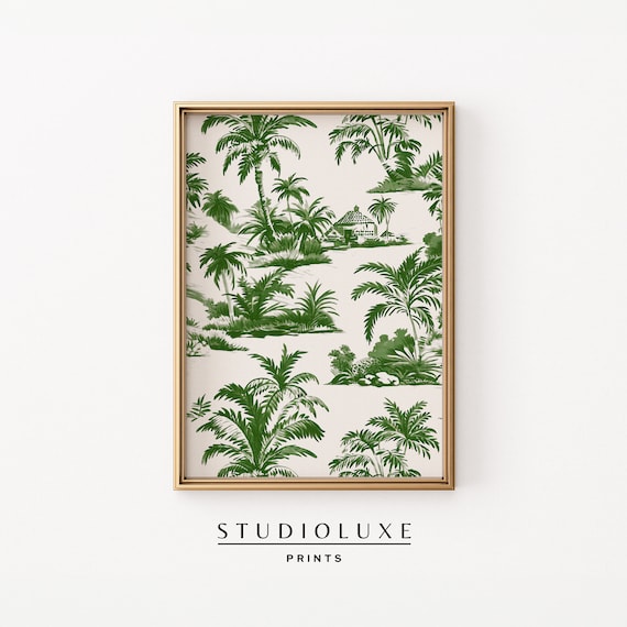 Vintage Toile Pattern Green Wall Art Tropical Beachy Palm Orleans Print Chinoiserie