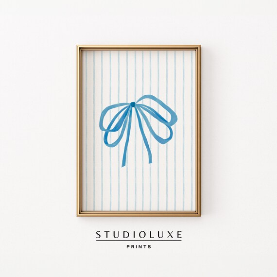 Blue Ribbon Bow Striped Coquette Minimalist Pink Accent Art Poster