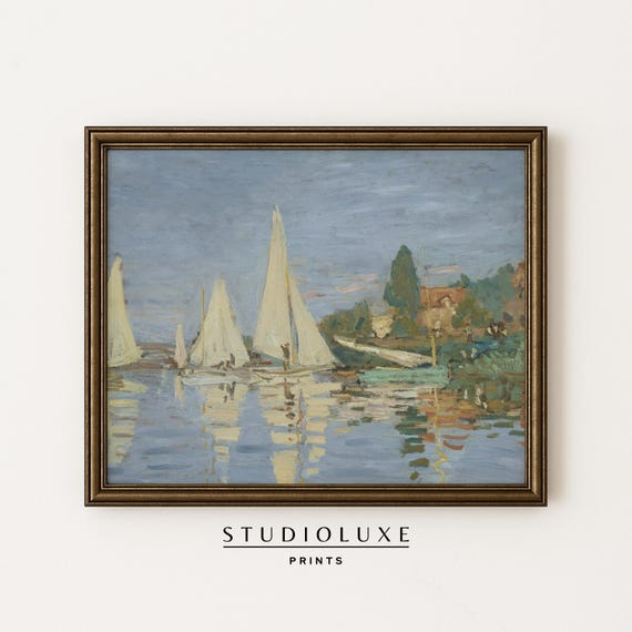 Sailboat Harbor Print Claude Monet Inspired Coastal Art Impressionist Marina Landscape French Nautical Wall Decor Prints