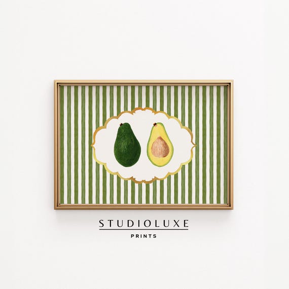 Avocado Kitchen Wall Art Print Green Stripe Fruit Poster Retro Food Brunch Decor Cute Duo Illustration