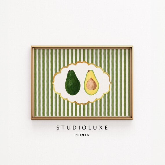 Green Stripe Avocado Duo Watercolor Retro Kitchen Art Poster