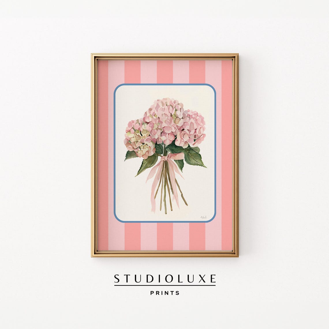 Pink Hydrangea Bouquet with Pink Ribbon on Pink Stripes Poster