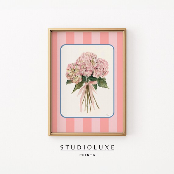 Pink Hydrangea Bouquet with Pink Ribbon on Pink Stripes Poster