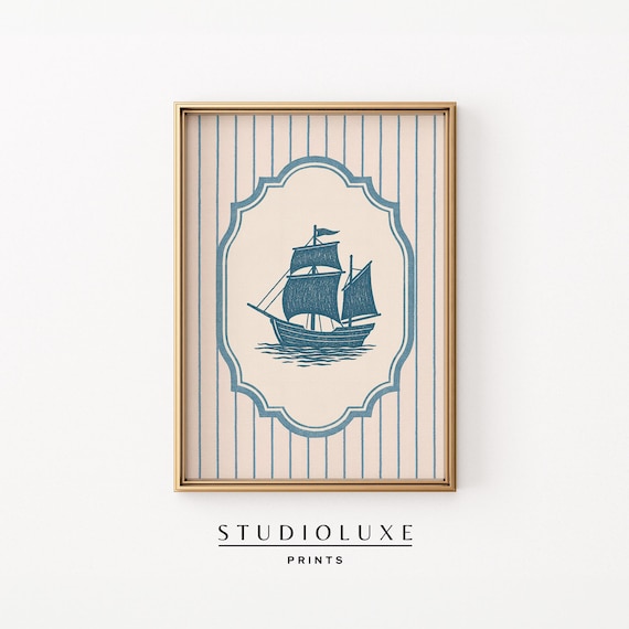 Vintage Sailing Ship on Blue Stripes Nautical Coastal Poster