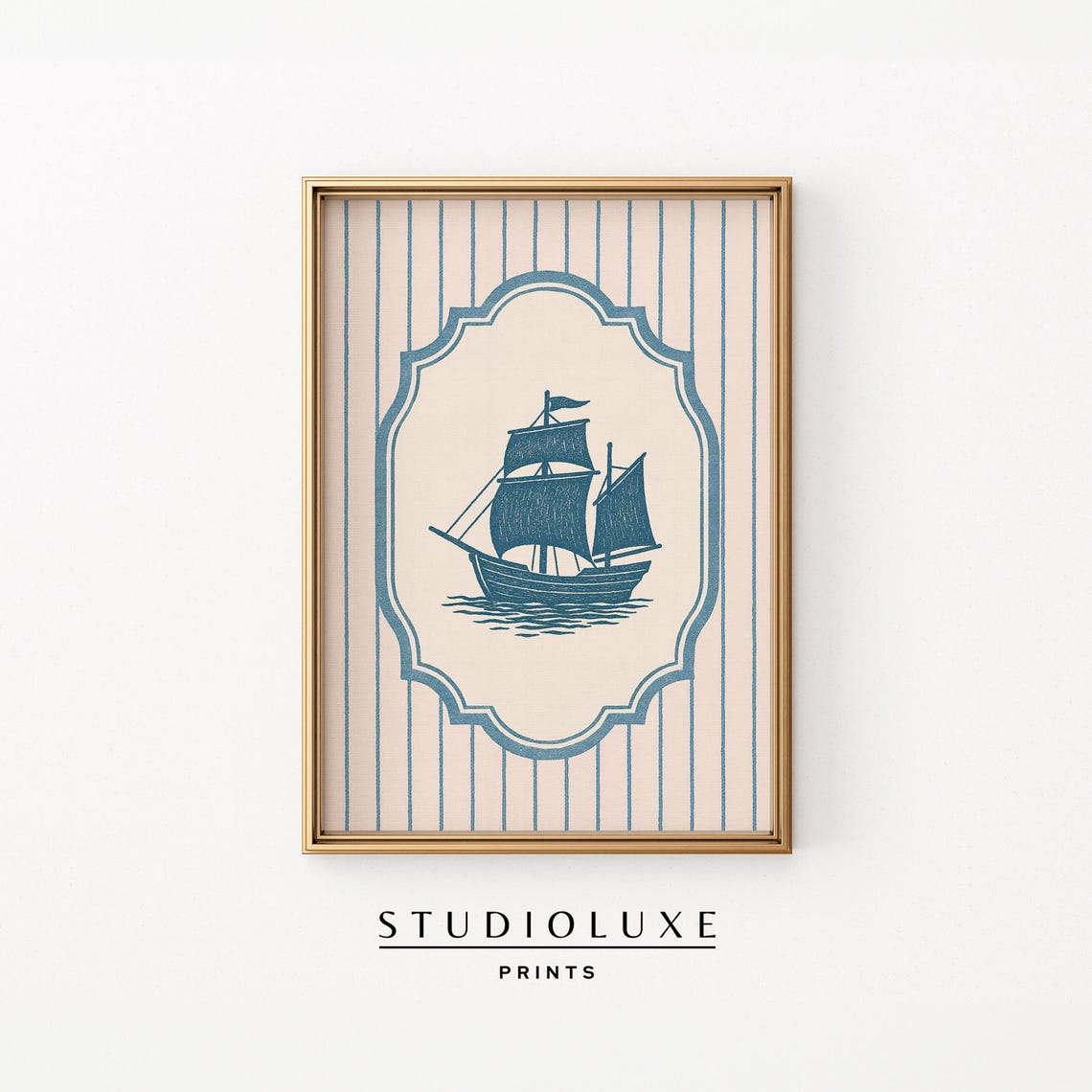Vintage Sailing Ship on Blue Stripes Nautical Coastal Poster