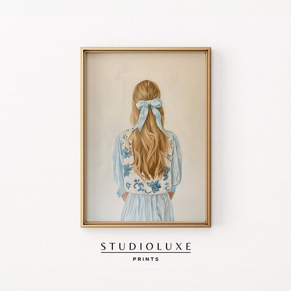 Girl With a Blue Bow in Her Hair Seen From Behind Painting Poster