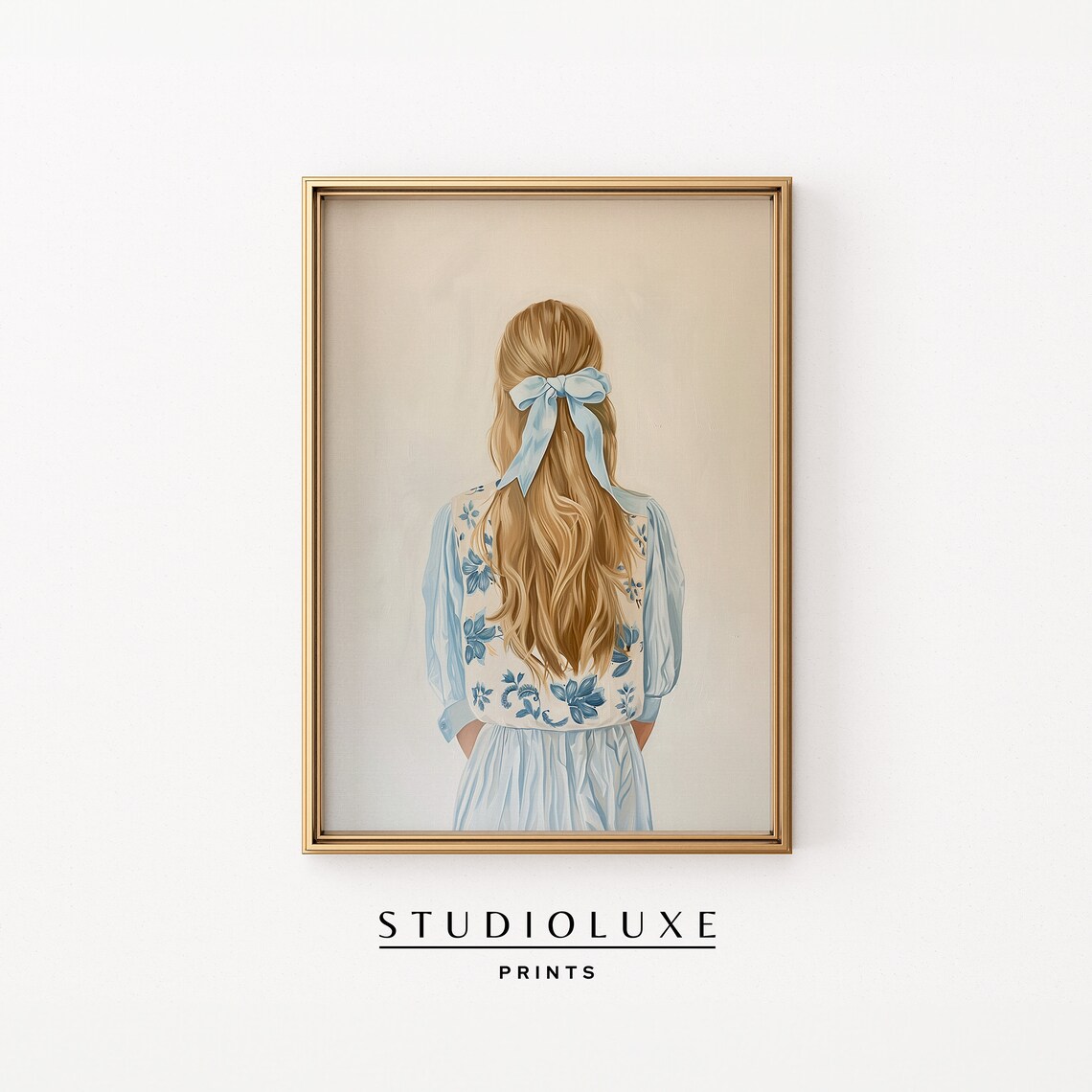 Girl With a Blue Bow in Her Hair Seen From Behind Painting Poster