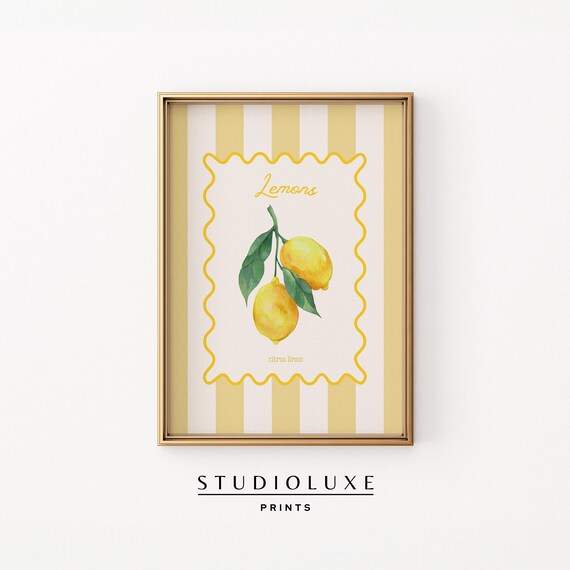 Lemon Citrus Botanical Stamp Striped Retro Kitchen Wall Poster