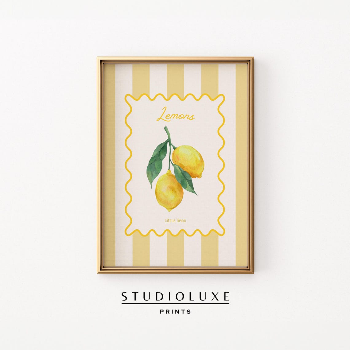 Lemon Citrus Botanical Stamp Striped Retro Kitchen Wall Poster