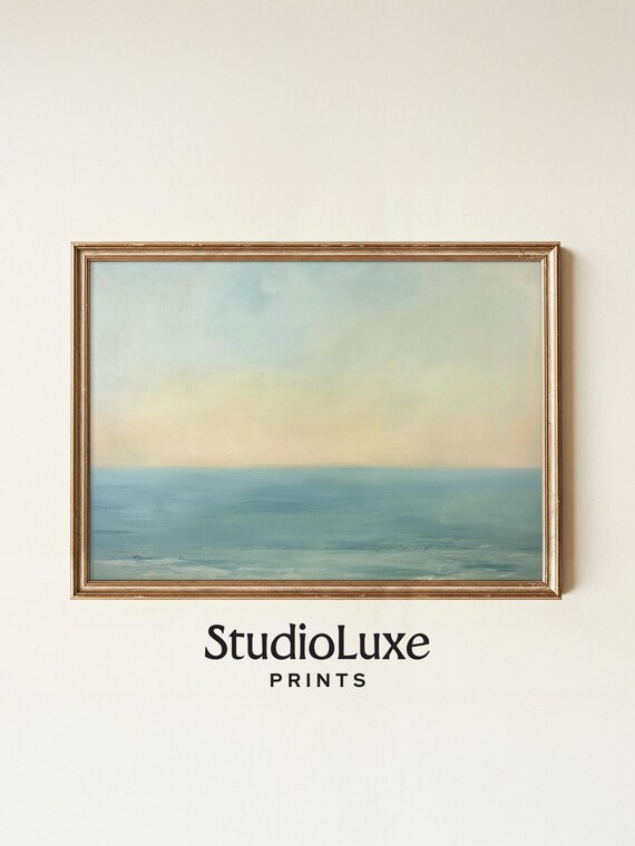 Tranquil Ocean Seascape Poster, Soft Pastel Sky Minimalist Coastal Painting