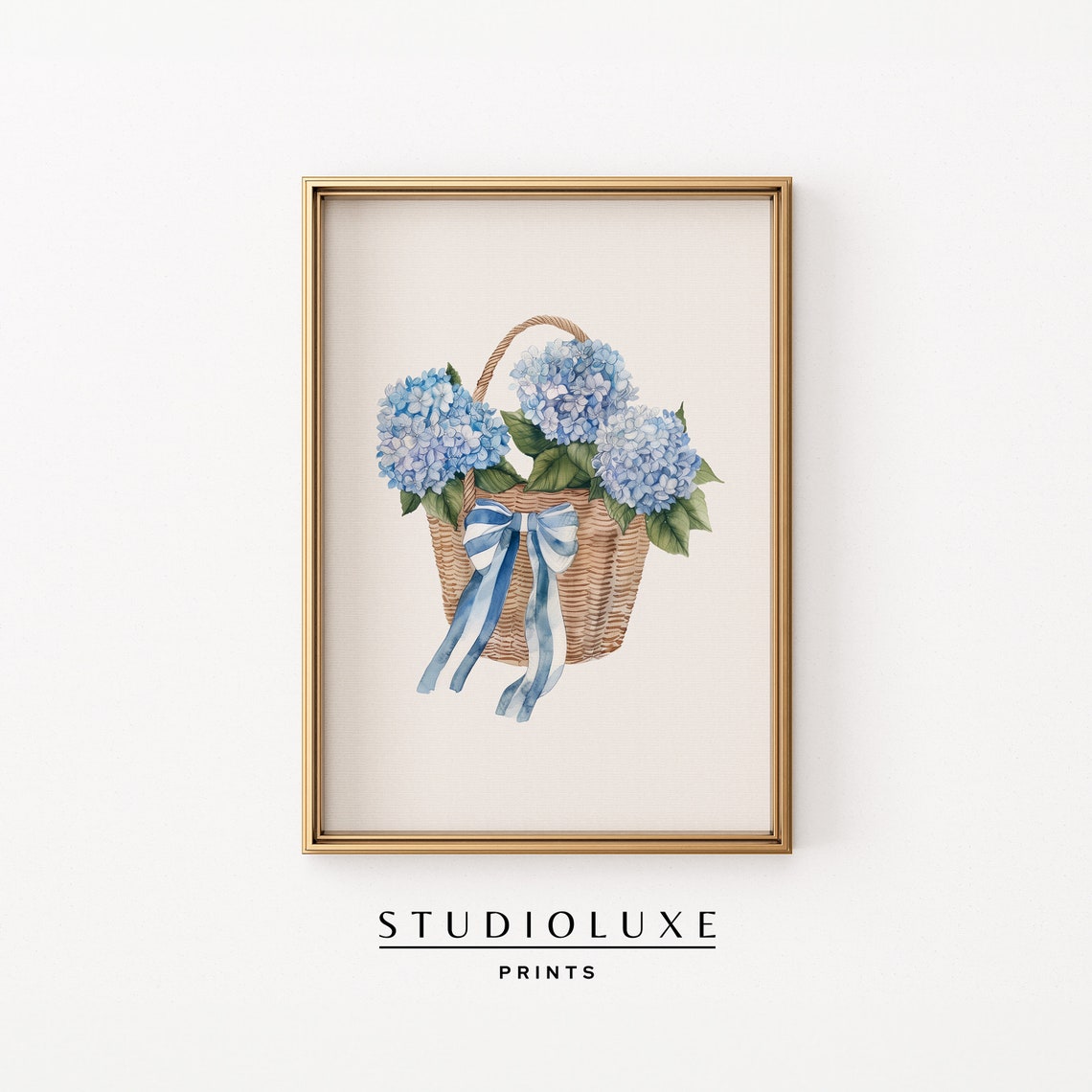 Blue Hydrangea Bouquet in a Woven Wicker Basket Floral Poster