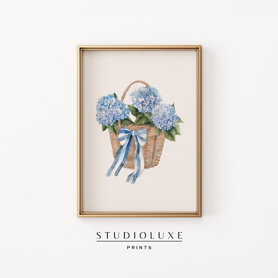 Blue Hydrangea Bouquet in a Woven Wicker Basket Floral Poster