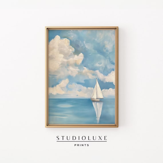 Lone White Sailboat Under Towering Clouds Tranquil Seascape Art Print