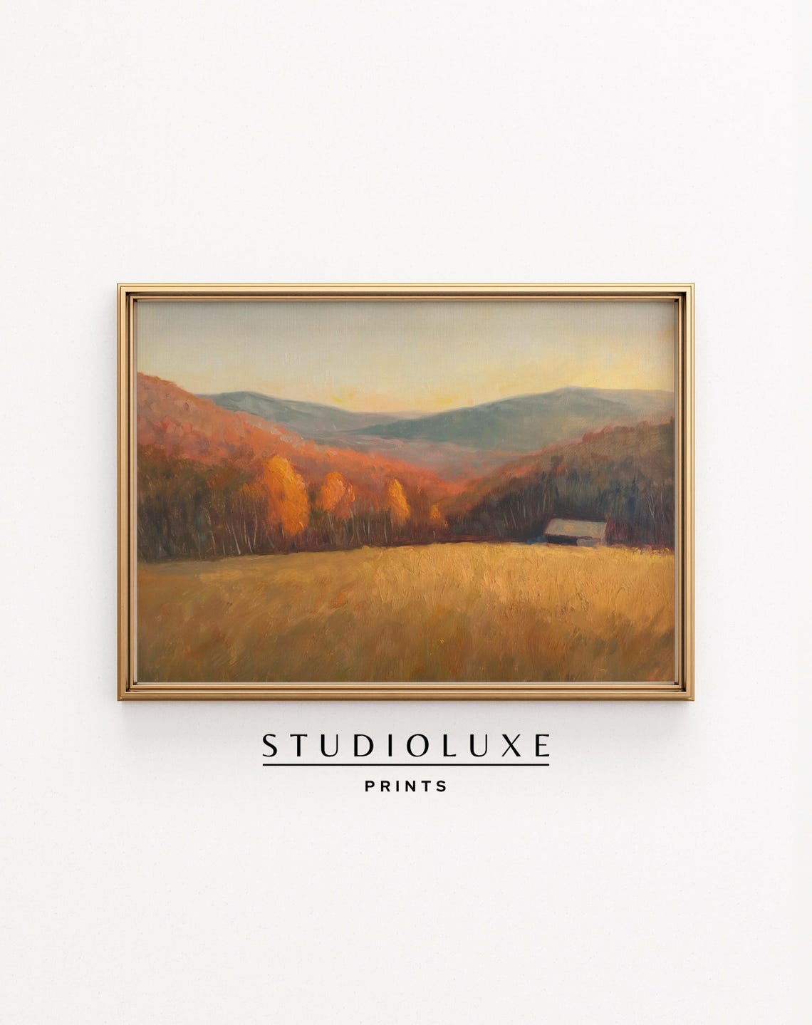 Autumn Mountain Valley Poster, Golden Fields and Blue Peaks Painting