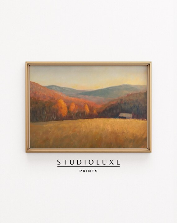 Autumn Mountain Valley Poster, Golden Fields and Blue Peaks Painting