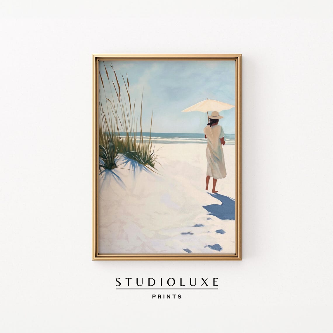 Woman With Parasol Strolling Sandy Dunes Toward The Sea Poster