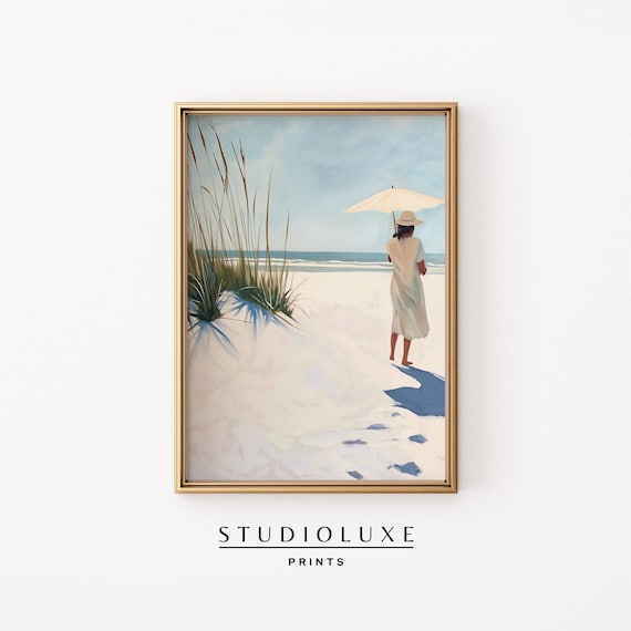 Woman With Parasol Strolling Sandy Dunes Toward The Sea Poster
