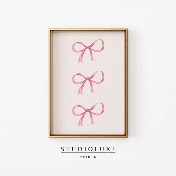 Three Pink Watercolor Ribbon Bows Preppy Nursery Decor Wall Art