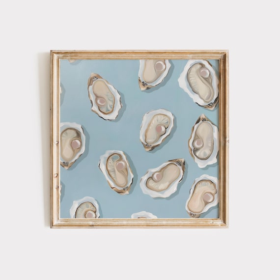 Fresh Oysters Pattern on Dusty Blue Coastal Kitchen Wall Art