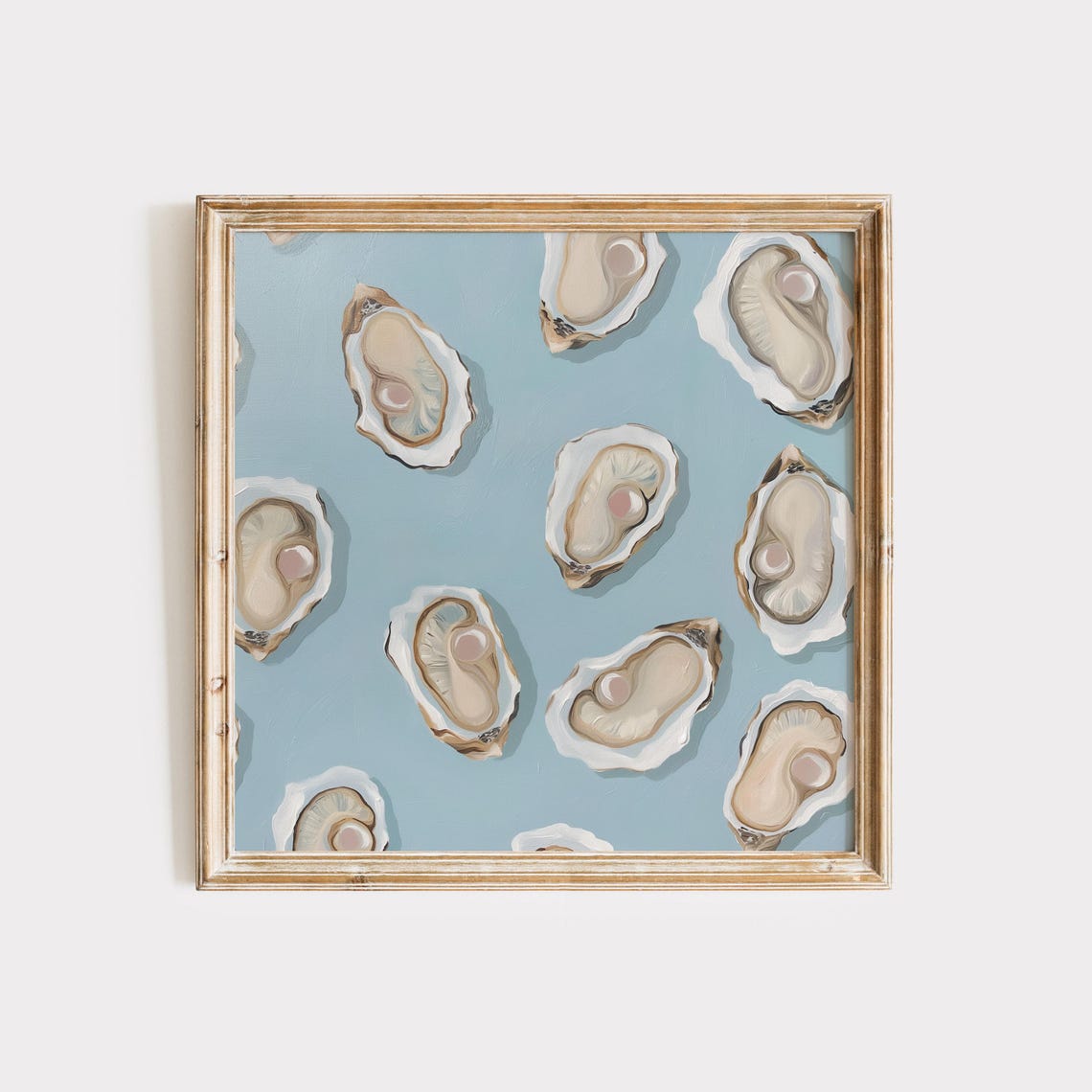 Fresh Oysters Pattern on Dusty Blue Coastal Kitchen Wall Art