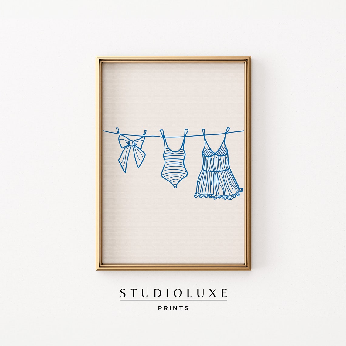 Swimsuits on a Clothesline Blue Line Drawing Coastal Summer Poster